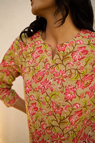 Image of SANSKRUTIHOMES Women's Premium 100% Cotton Printed Co-Ord Set | Short Sleeve Shirt & Pant Set | Pink Checkered Sun & Palm Tree Print | Casual Summer Resortwear, Vacation Wear & Comfortable Loungewear