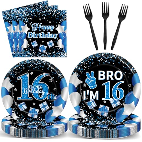 Image of Qyeahkj 100 Pcs 16th Birthday Decorations for Boys Official Teen Supplies Plate Napkin Forks Set Disposable Blue 16th Birthday Tableware Paper Plates Dinnerware for Kids Teenager Favors Serve 25