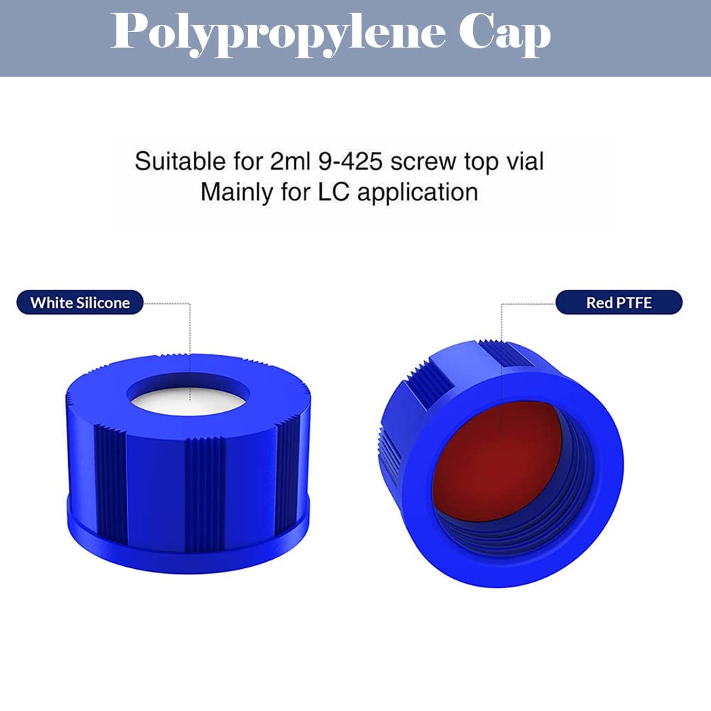 ALWSCI Tappo per Fiale Per Autocampionatore 9-425, Tappi a Vite In Polipropilene Blu da 9 Mm Con Setti In PTFE Rosso/Silicone Bianco, 100 Pezzi/Pz.