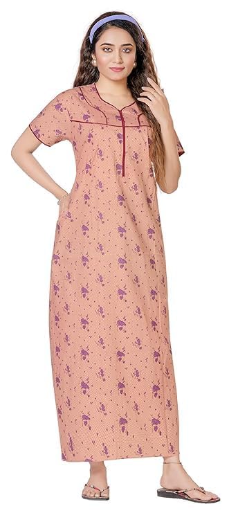 Image of Vlazom Women's Cotton Nighty - Jaipuri Rajasthani Printed Maxi Dress with Embroidery & Pockets