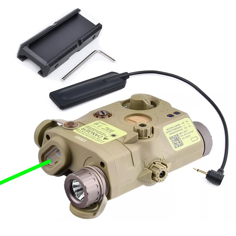 Nylon PEQ15 Box Aiming Laser Sight(with IR Laser + Green Laser + 200 Lumens White LED Flashlight), with Pressure Switch & Pressure Switch Slot Mount Pocket, for 20mm Rail, Tan