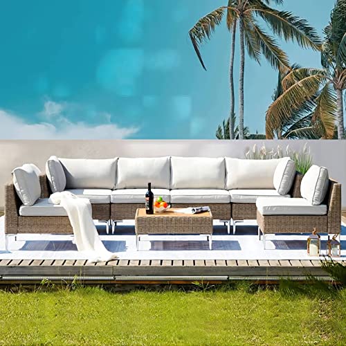Swhse 7 Pieces Outdoor Patio Furniture Set, Free Combination Outdoor Sectional Furniture Set With All-Weather Half-Round Wicker,Thicker Cushion & Tea Table（Light Grey Cushion） #TOP7
