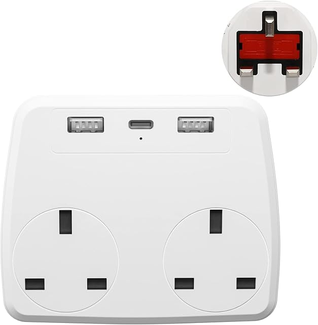 Double Plug AdaptorMulti Plug Extension Socket with 2 Way Plugs, 2 USB Ports13A Adapter Plug UK(with Type C Port)for Travel, Home, Office
