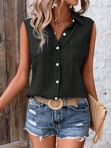 Image of GLASGO Women's 100% Cotton Sleeveless Button Down Shirt | Casual Summer Collared Tank Top | Soft Breathable Fabric Stylish Piece