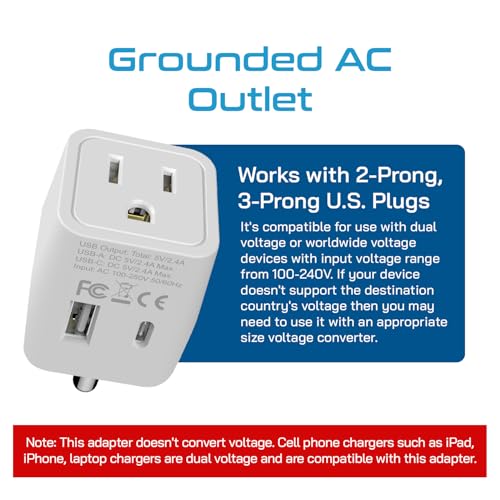 Image of Ceptics India, Nepal, Bangladesh Travel Adapter Plug with USB-A + USB-C - Type D - Usa Input - Ultra Compact - Safe Grounded Perfect for Cell Phones, Laptops, Camera (CTU-10)