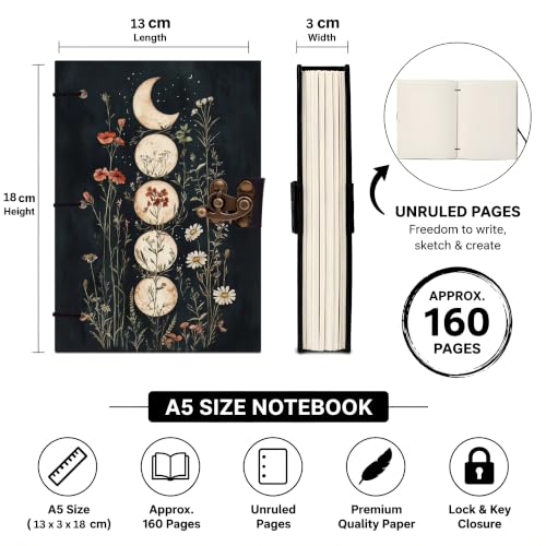 Image of Flower Moon Face Diary Notebook 7x5 Inch 160 Pages Unruled Journal for Writing