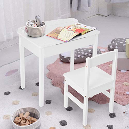Hergoto Wooden Children's Table and Chair, Elegant White Small Desk, Children's Table Furniture, with Storage, Safe and Healthy Wooden Material-White