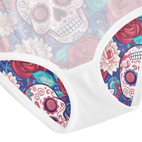 Colorful Skulls Floral Red Cotton Toddler Underwear, Girls' Cotton Brief Underwear, 2T–8 Years4