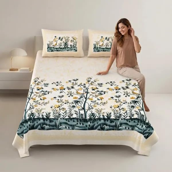 Image of 240 TC 100% Cotton Bedsheet for Double Bed King Size with 2 Pillow Covers | Breathable & Super Soft Rajasthani Sanganeri Jaipuri Printed Bed Sheet -108 * 108 Inches (Spring 1)