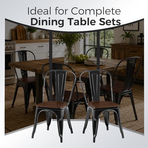 Image of Metal Dining Chairs with Backrest, Wood Seat, Black, 4 Pack | Easy Assembly, Non-Slip Feet, 330 lb Capacity, Kitchen, Restaurant, Cafe, Pub, Covered Patio
