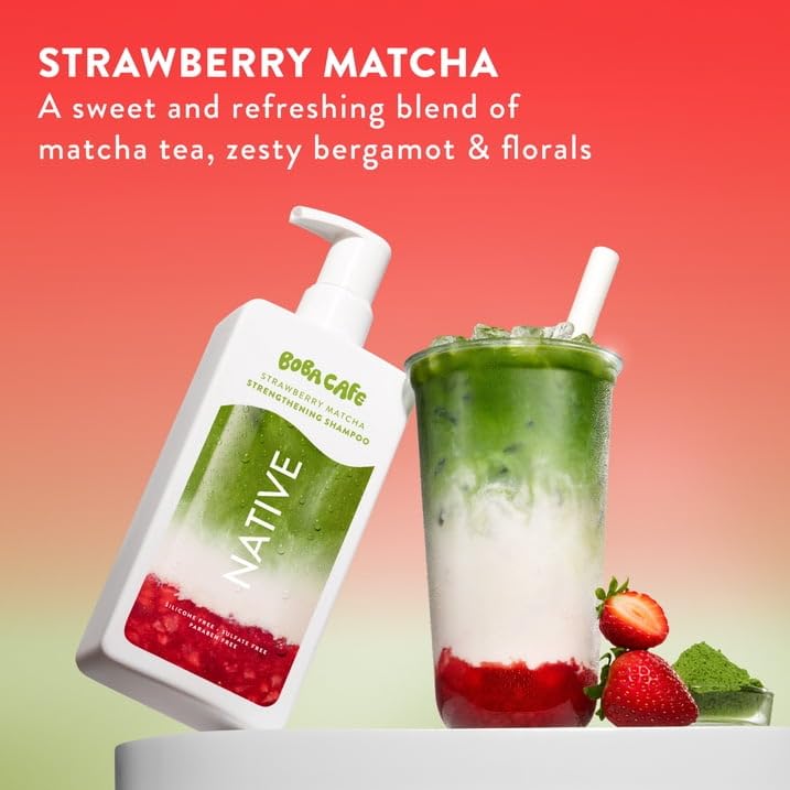 Native Strengthening Shampoo, Limited Edition Strawberry Matcha, Sulfate Free Shampoo for Women and Men, Boba Café, 16.5 fl oz with Travolle Dispenser Pump