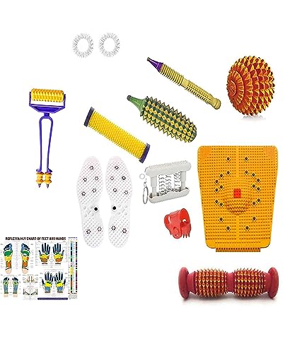 Image of Manual Acupressure Kit Massager Tools Combo Kit With Foot Roller, Wooden Mat, Magneto-Therapy Handle Roller, Advanced Finger Massager, Shoe Sole, and 5 Massage Rings (Multicolor)