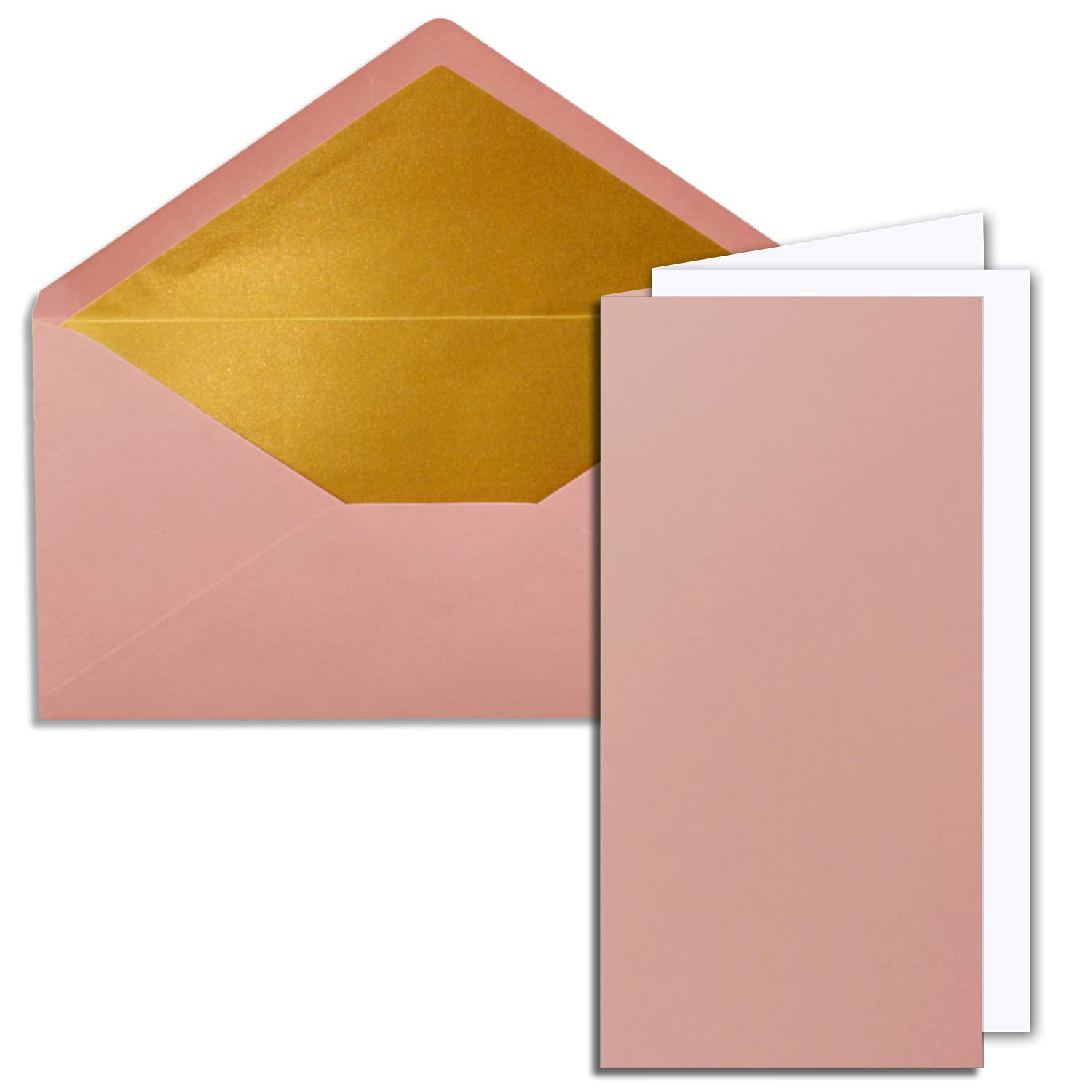 100x Faltkarten-Set DIN Lang inkl. Briefumschlägen mit goldenem Seidenfutter und weißen Einlegeblättern in Altrosa (Rosa) - 10,5 x 21 cm - für Einladungen und Grußkarten