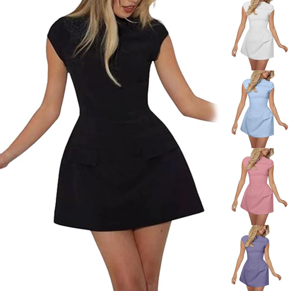 UBALDIThe Cap Sleeve Mini Dress, Cap Sleeve Mini Dress Muse Cap Sleeve Mini Dress Elegant A Line Ultimate Round Neck Sleeveless, Solid Fit a Line Formal Elegant Round Neck with Pocket