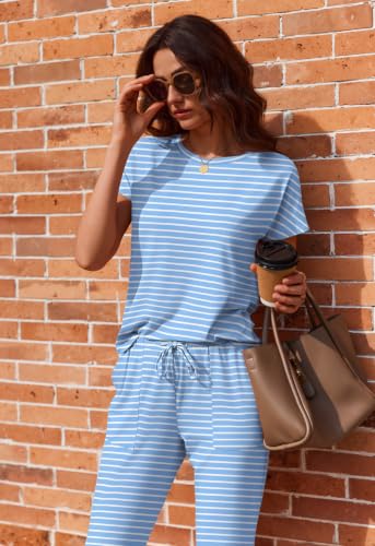 Image of Ekouaer 2 pack Womens Pajama Short Sleeve Jogger Pants Pjs Lounge Set | Pajama Sets with Pockets Comfy Sleepwear for Daily Wear, Sleep, Home, Sport, Workout