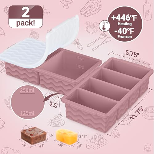 Image of Silicone Freezer Molds for Soup with Lid, 1-Cup & 2-Cup Large Ice Cube Trays Food Storage Containers for Meal Prep, Freeze 500mL /250mL /125mL Portions - 2 Pack