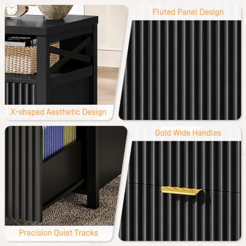 Image of Halitaa Fluted 4 Drawers Home Office File Cabinet for A4 /Letter Size. Black