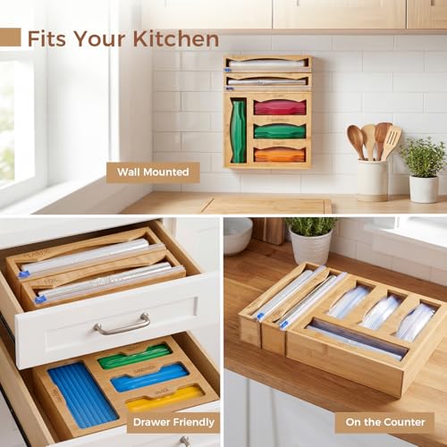 6-in-1 Bamboo Kitchen Drawer Organizer for Storage Bag, Foil & Plastic Wrap