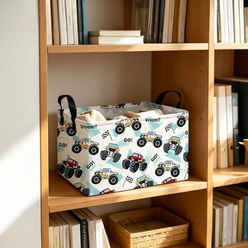 Image of Rectangular Monster Truck Storage Basket | Fabric Organizer Bin for Books,Clothes,Gifts,Pets-Perfect for Home,Office,Nursery,Dorm,Shelf(Rec-Truck )