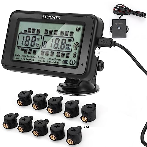 Kormate TPMS,tire Pressure Monitoring Systems tpms,7 Alert Modes,Wireless Solar Power,for RV,Truck,semi Truck,Motorhome,Coach,5th Wheel,Trailer (Flow Thru Sensor, 14 Sensors)