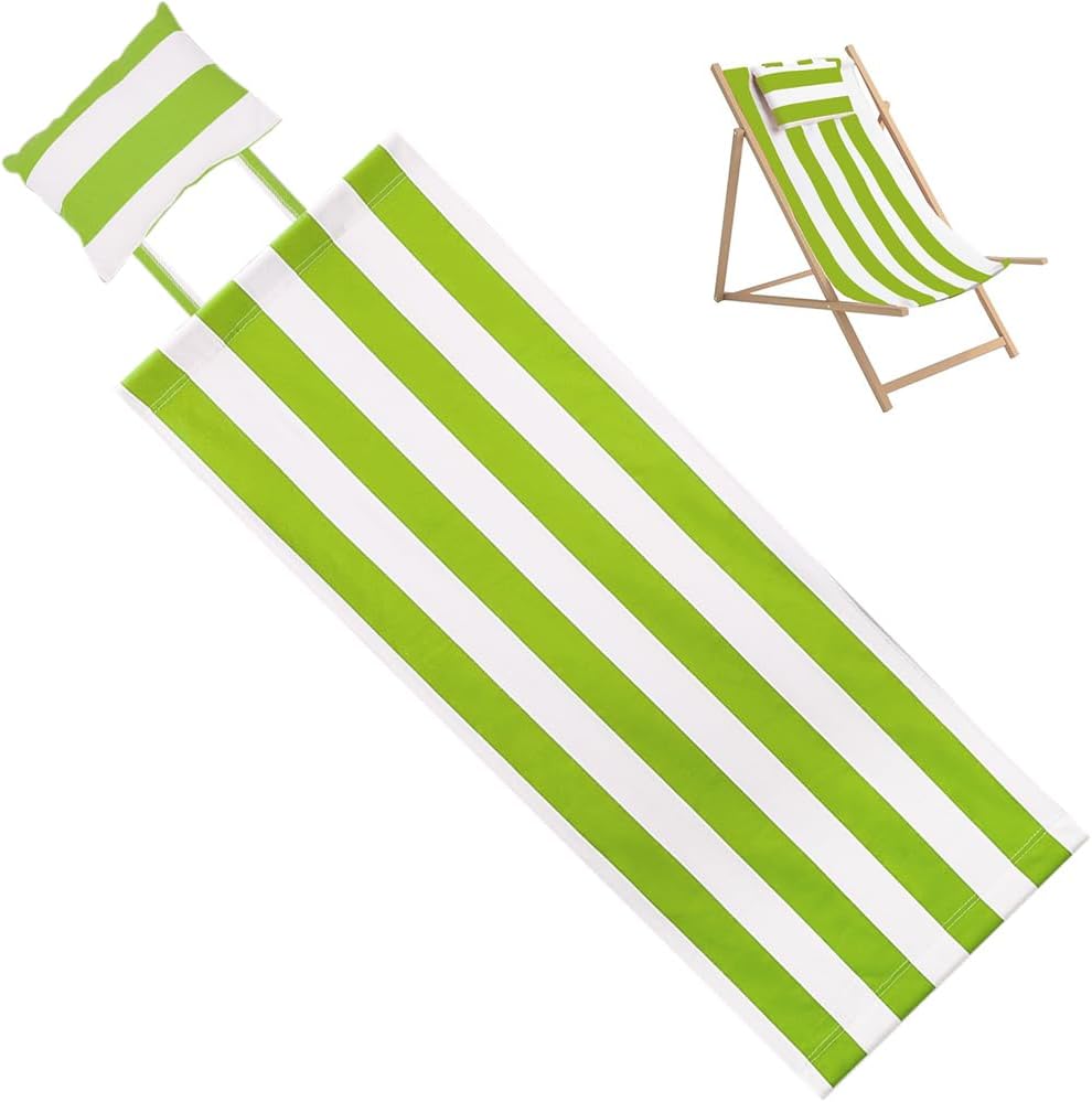 GORGECRAFT Beach Sling Chair Canvas with Pillow 44x17 Inch Olive White Stripes Replacement Deck Chairs Canvas Cloth Fabric Outdoor Folding Lounge Chair for Patio Outdoor Sunbathing Garden Courtyard