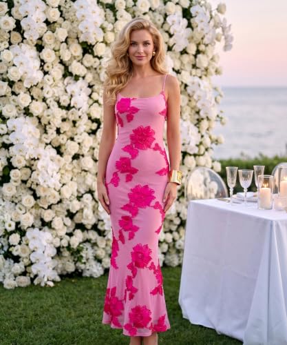 Curvphilo Women's Bodycon Maxi Summer Dress 3D Satin Floral Mesh Formal Evening Dress Wedding Guest Cocktail Prom Party (US, Alpha, Small, Regular, Regular, Rose Red) — view 3