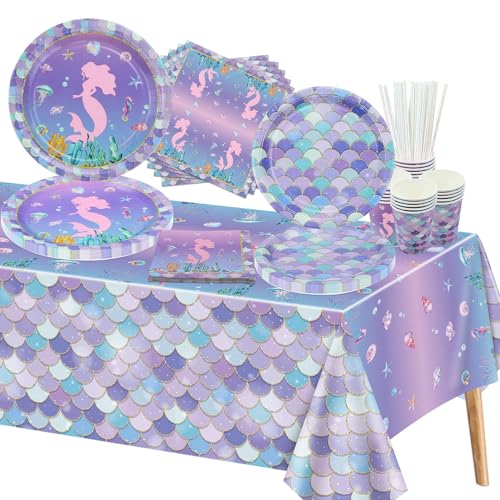 Lot de 101 décorations d'anniversaire sirène – Assiettes de fête, serviettes, tasses à écailles, nappe pour fille, enfant, fête prénatale, petite sirène, pour 20 personnes
