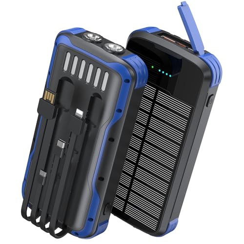 SOXONO Solar Charger Power Bank, PD 20W Fast Charging External Batter, 40000mAh Portable Phone Charger Built in 4 Cables with Dual Bright Flashlights for Camping, Hiking, and Outdoor Use (Blue)