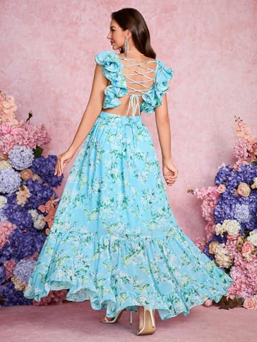 Image of Women's Summer Floral Print Straps Sleeveless V Neck Criss Cross Backless Chiffon Beach Boho Party Long Maxi Dress