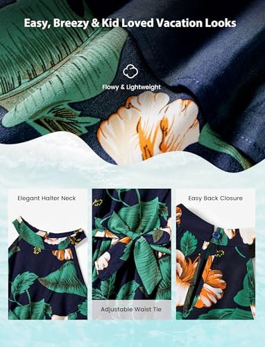 Image of PATPAT Family Hawaiian Matching Outfits - Mommy and Me Vacation Outfits | Halter Sundresses and Button Down Shirts,Caribbean Vacation Summer Tropical Outfits,Hawaiian Boho Tropical Floral Printed