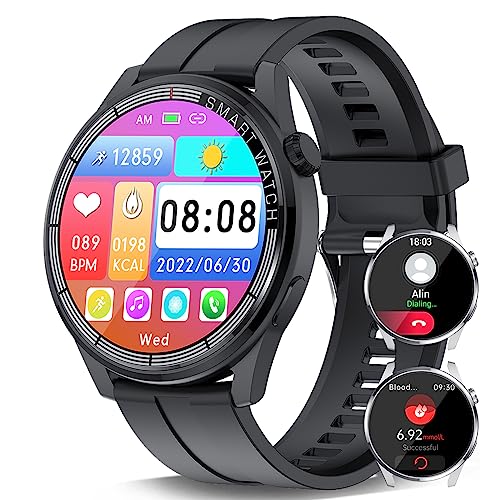 Smartwatch mit Blutzuckermessung und Telefonfunktion,1,45" Runde Fitness Tracker mit Glucose Herzfrequenz Blutdruck SpO2, Blutzucker Messen Ohne Stechen Smartwatches Sportuhr, Schwarz