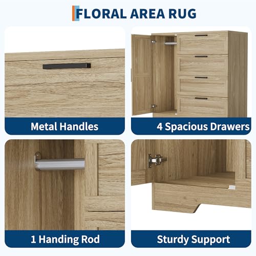 GarveeHome Wood Armoire Wardrobe Closet with 4 Drawers and Door, 43.3" H Bedroom Wardrobe Cabinet with Hanging Rod, Clothing Storage Cabinets, 4 Drawers Dresser with Storage Closet, Natural Oak