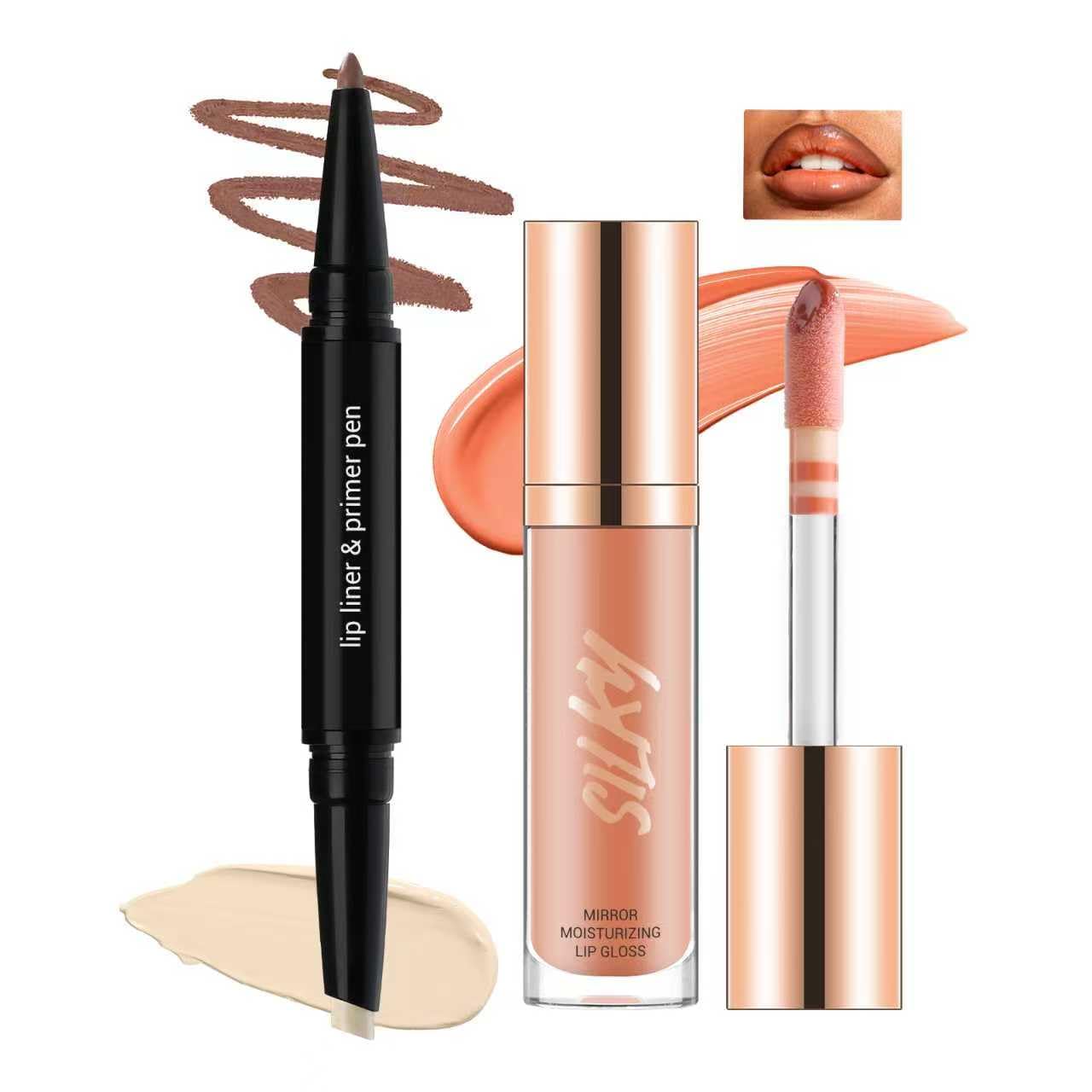 Nude Lip Combo with 2 in 1 Lip Liner Primer Pen & Moisturizing Mirror Lip Gloss Set for Women, Silky Smooth Long Wear Lip Contour with Liquid Lipstick Glossy Pale Lip Kit for Ombre Juicy Lips