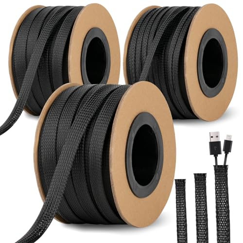 300 Feet 1/4 1/2 3/8 Inches Braided Wire Loom PET Cable Loom Expandable Braided Sleeving Wire Sleeve for TV Computer Home Theater Black