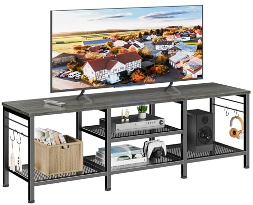 Furologee TV Stand for TVs up to 65 Inch, Entertainment Center with Open Storage Shelves, 55 Inch Television Stands with Soundbar Shelf for Living Room, Bedroom, Black Oak