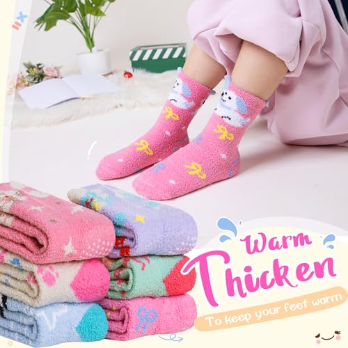 Image of Eyean Kids Fuzzy Socks Non Slip Soft Fluffy Slipper Grips Socks Warm Plush Cozy Cabin Boy Girls Crew Socks 6 Pairs