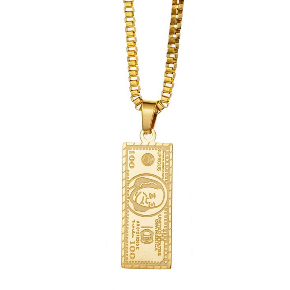 JAJAFOOK Hip Hop 18k Yellow Gold One Hundred Dollar Bill Tag Charm Pendant Necklace