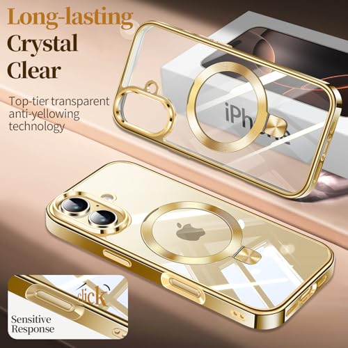 Image of ESTPEAK Titanium Gold CD Mag-Stand Case for iPhone 16 Case with Invisible Magnetic Ring, [Fit for MagSafe] [Never Yellowing] Top Clear Phone Case Cover for iPhone 16 6.1 inch Men Women, Gold