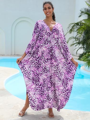 Image of IMAGEKOPE Women's Plus Size Animal Print V-Neck Batwing Kaftan Beach Dress Bathing Suit Cover-Up Loungewear