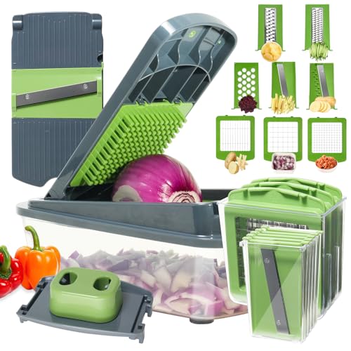 8-in-1 Vegetable Chopper with Container - Veggie Onion Salad Chopper, Mandoline Slicer, French Fry Cutter, Kitchen Gadgets with Cleaning Tools