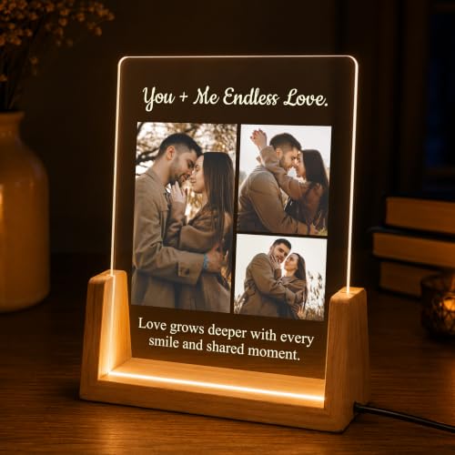 Image of Giftplease Personalized LED Acrylic Photo Frame with Custom Photos & Text | Engraved Acrylic Picture Lamp with Wooden LED Base | USB Night Light | Anniversary, Wedding, Birthday, Couple, Family, Decor