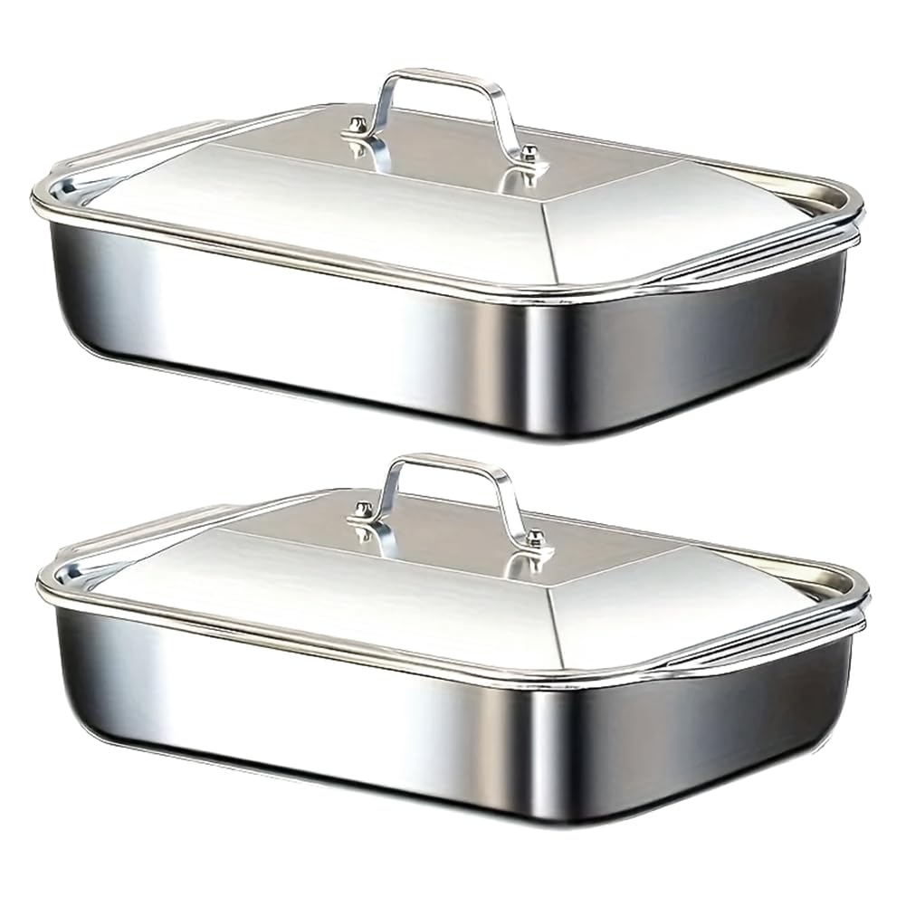CTRLZS Tainless Steel Baking Pan Set(2 Pieces) with Lids-for Fish/Pasta Grilling Oven Dishes& Dishwasher Safe Cookware