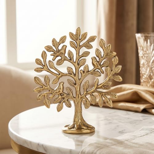 Image of Amazon Brand - Solimo Brass Kalpvriksh Tree with Birds Showpiece | Tree of Life Table Decor | Vastu & Feng Shui Home Decor | Brass Decorative Idol for Home, Office & Puja | Good Luck Gift