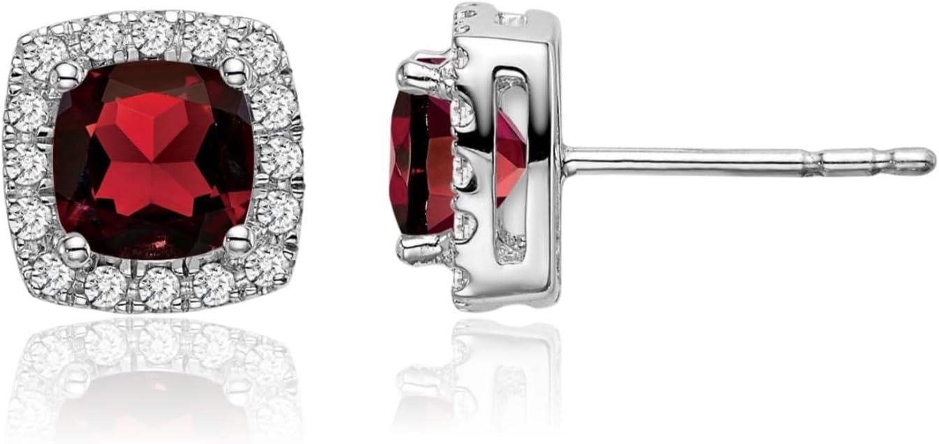IceCarats 14K Solid White Gold 1.09 carat Red Garnet Diamond Square Large Halo Stud Earrings 7.8mm 0.3 inch Cushion Cut, Natural, Prong Set, Butterfly Back For Her