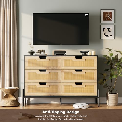 GarveeHome Natural Rattan 6 Drawer Double Dresser, Wooden Chest of Drawer, Farmhouse Storage Cabinet with Solid Metal Legs, Modern Storage Unit for Bedroom, Living Room, Entryway, Black+Oak
