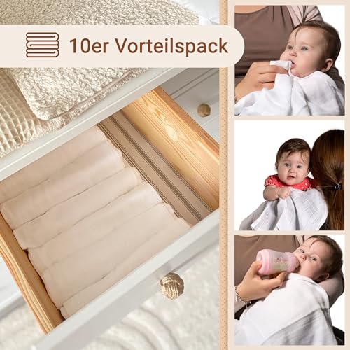 ZOLLNER 10er Set Musselin Spucktücher in 70x70 cm aus Baumwolle - hautfreundliche Mulltücher - besonders weich und extrem saugstark - waschbar bis 95°C - in weiß
