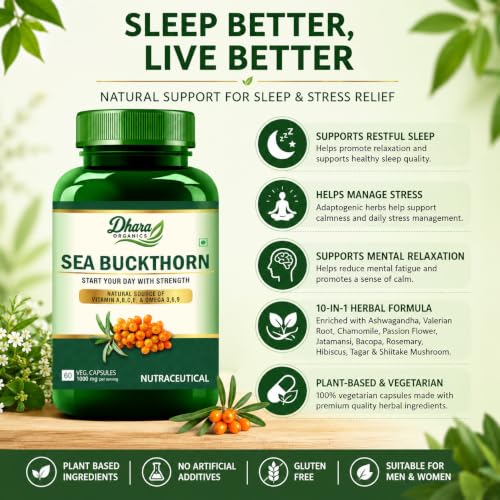 Image of Sea Buckthorn Capsules 1000mg Per Serving | Sea Buckthorn Extract | Natural Source of Vitamin A, B, C & E | Omega 3, 6 & 9 | Plant Based Antioxidant Supplement | Daily Wellness Support | 60 Veg Capsules for Men & Women