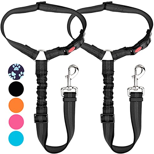 Lukovee Dog Car Seat Belt, 2 Pack Headrest Restraint Seatbelt, Adjustable Pet Safety Leads with Reflective Elastic Bungee for Dog Harness Collar Travel Daily Use (Black,Headrest)