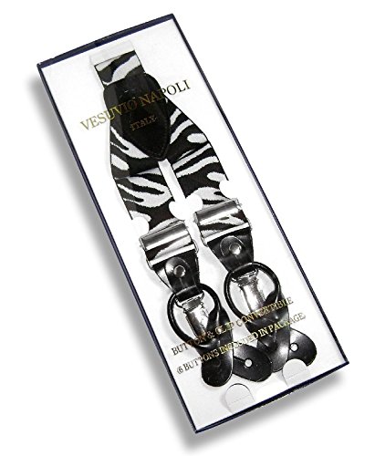Men's Zebra Print Suspenders Y Shape Back Elastic Button & Clip Convertible #TOP1