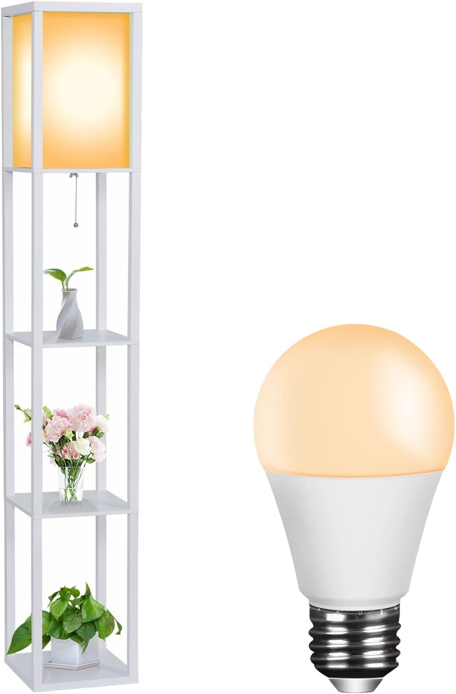 YU YUSING Lámpara de Pie con Estantes, Lámpara Salón 160cm, 4 Capas con Bombilla LED E27, Lámpara de Lectura Madera para Sala Estar, Dormitorio, Iluminación Interior, Decoración Hogar, Blanco
